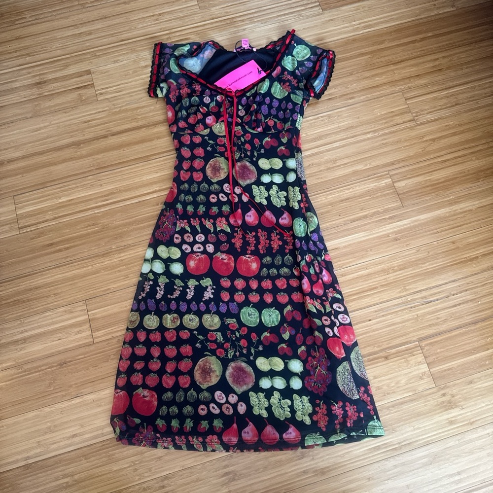Black Fruit-Print Short Sleeve Dress